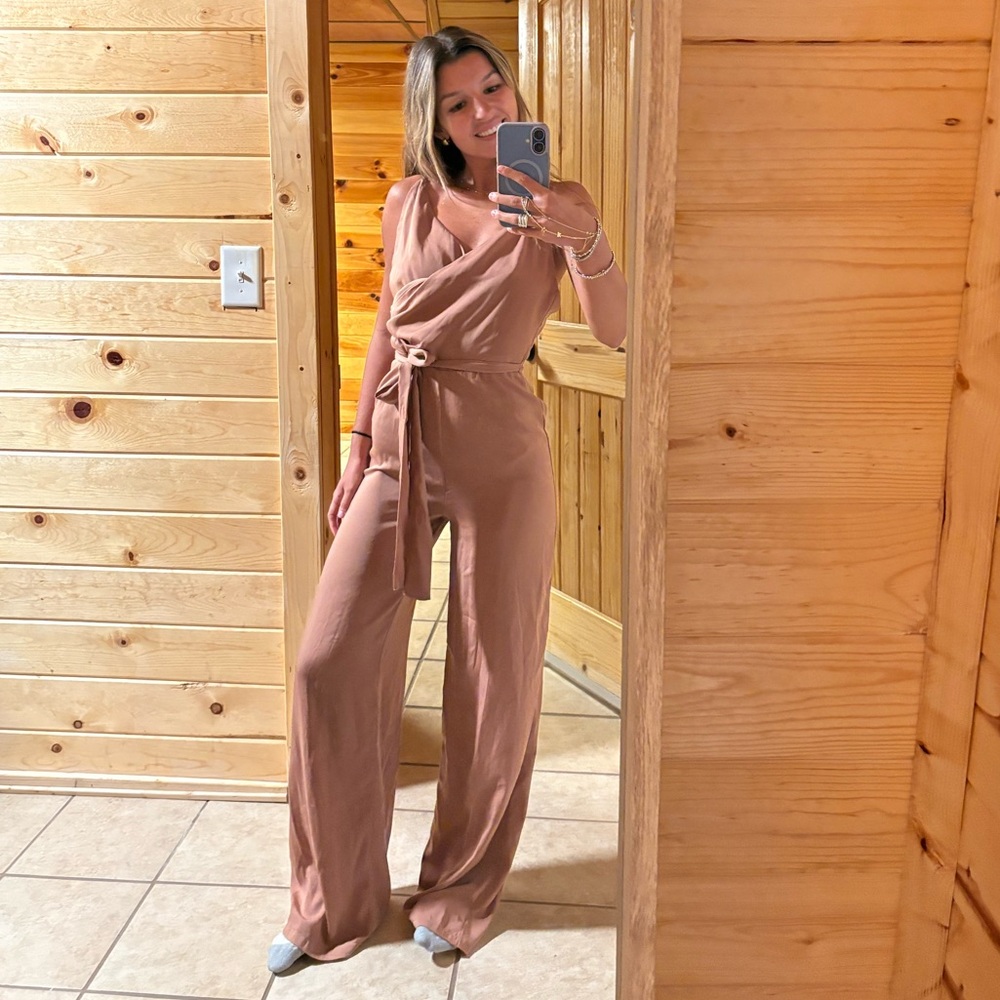 Lulu's Tan Wrap-Style Jumpsuit Wide-Leg